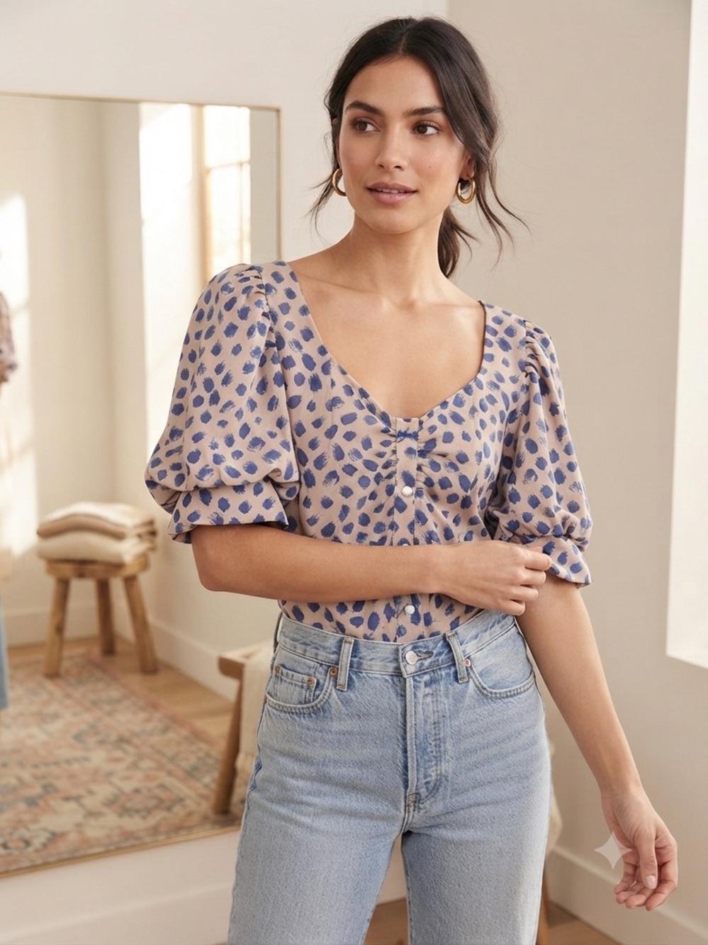 Collective Concepts Beige Top with Blue Spot Print and Puff Sleeves